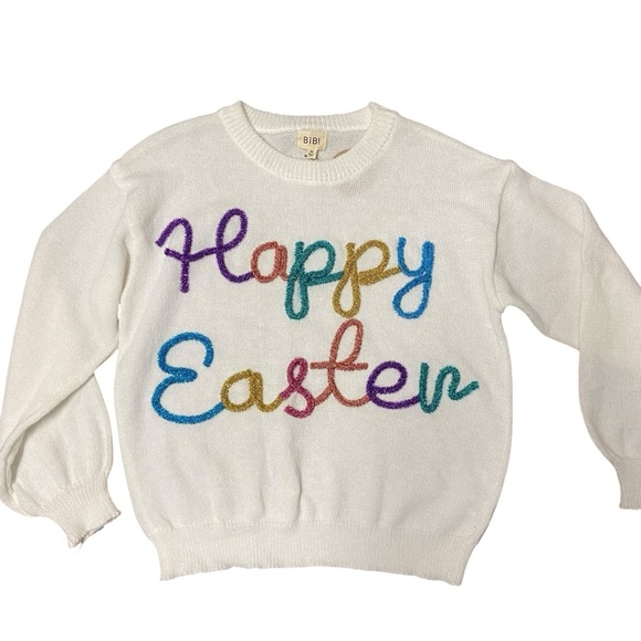 Bibi Women's TINSEL HAPPY EASTER PULLOVER Sweater Size M White Multicolor Letter - Picture 1 of 13